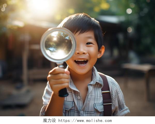 小男孩拿着放大镜儿童探索概念快乐幸福的未成年儿童小学生笑容嬉戏玩耍